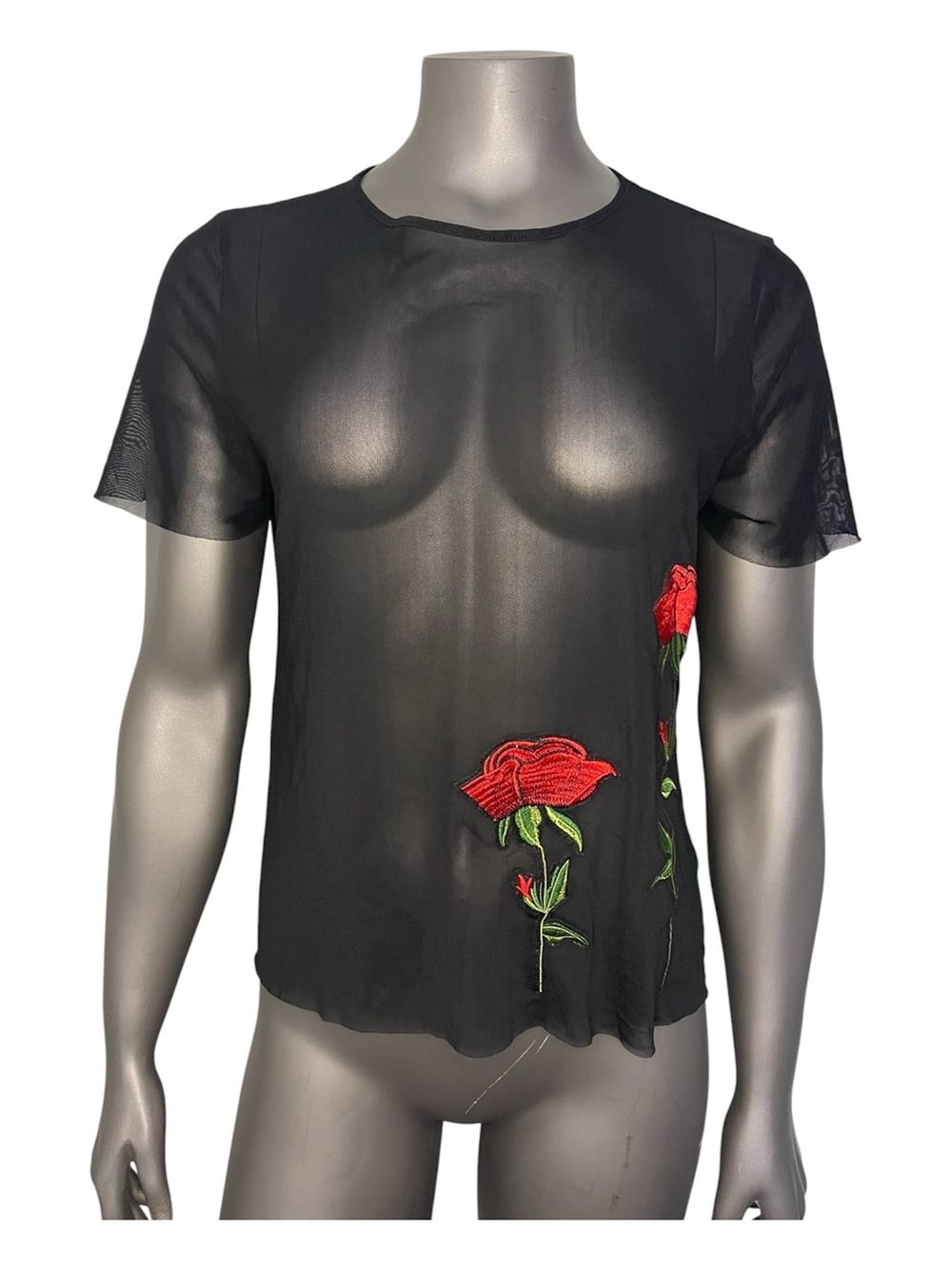 Twinkle Mesh Top M Black Red Rose Embroidered Raw Hem Short Sleeve Goth Tee